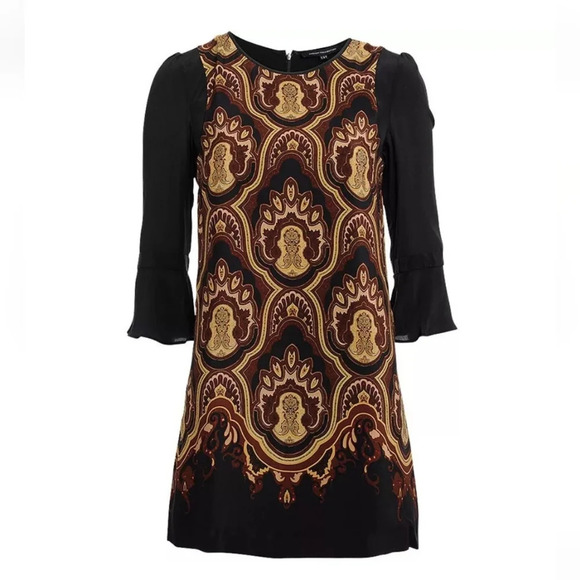 💚5/$25 French Connection 100% Silk Sultan Print Mid Mod Shift Dress Size 2 - Picture 1 of 6